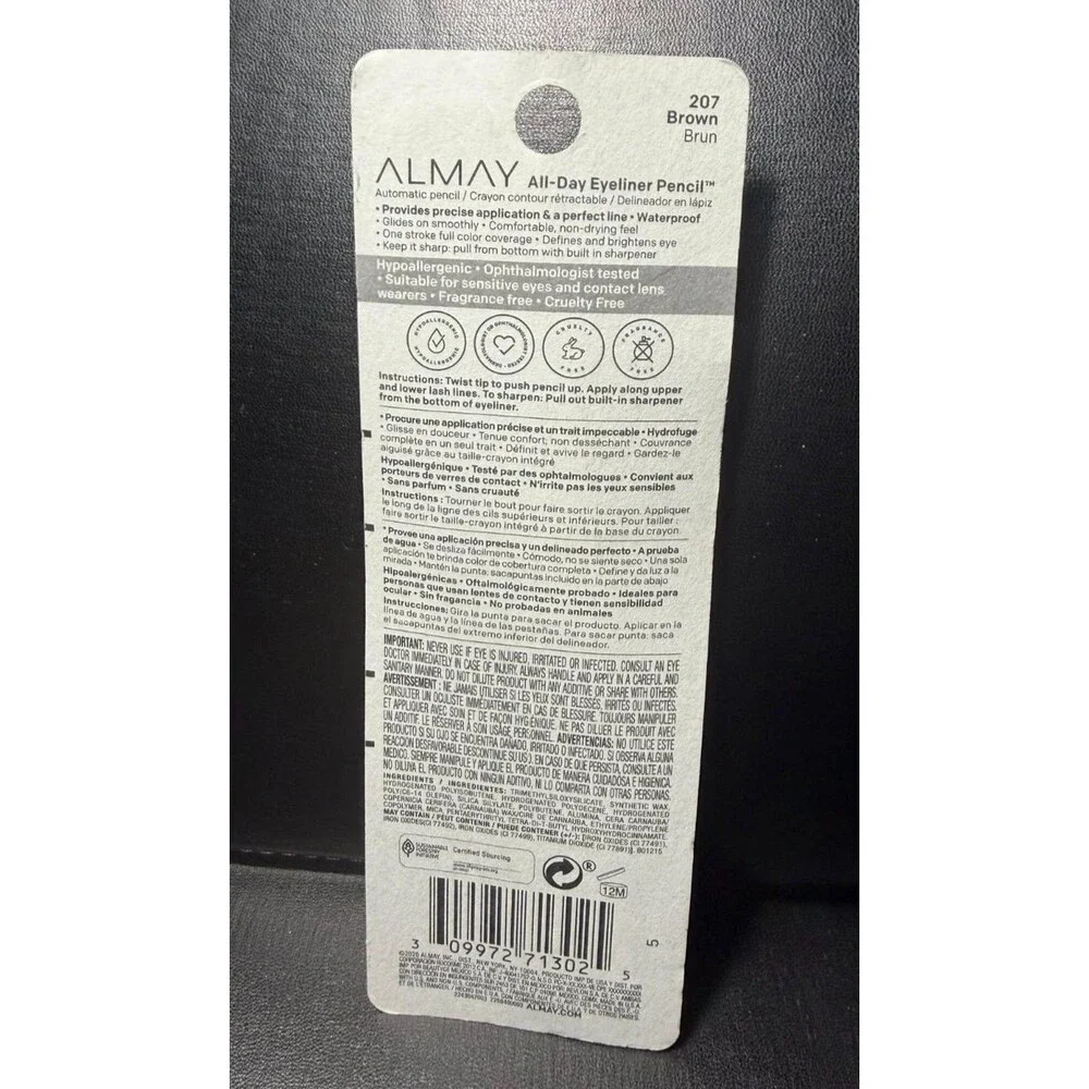 Almay All Day Eyeliner Pencil – 207 Brown – Waterproof – Built‑In Sharpener